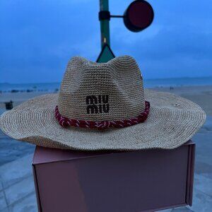 Miu Miu Women's Raffia Hat | Red Contrast Ribbon Holiday Straw Hat